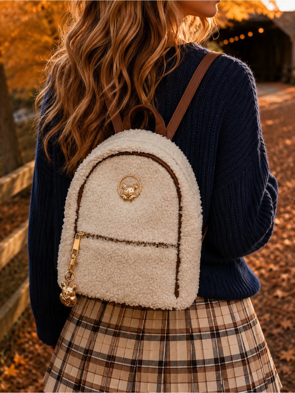 Disney Cream Sherpa Mini Backpack with Brown Trim and Gold Hardware